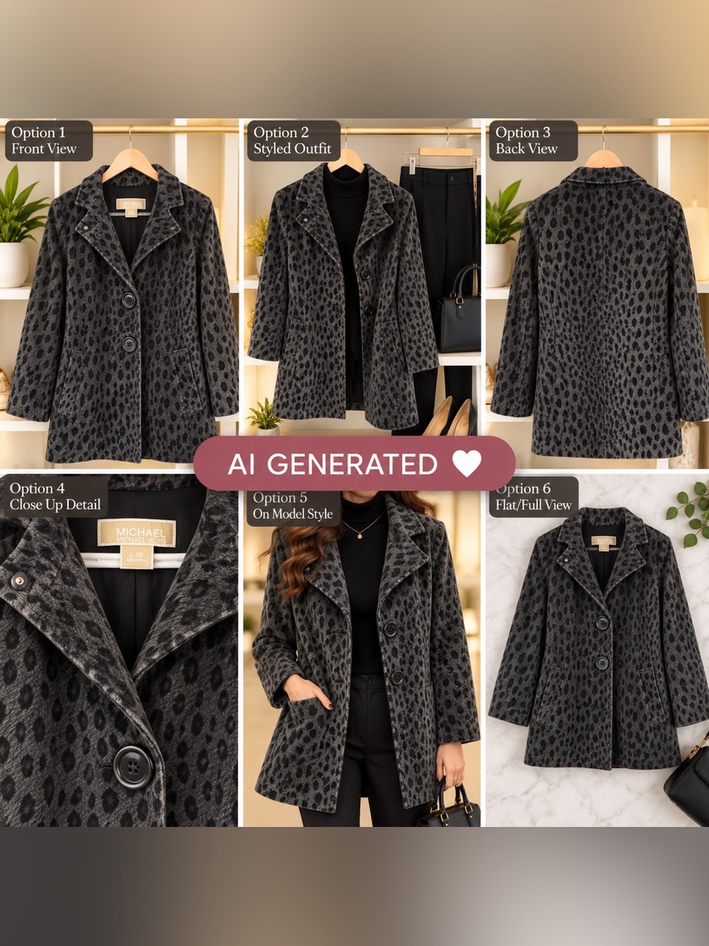 Michael Kors Gray Black Leopard-Print Pea Coat